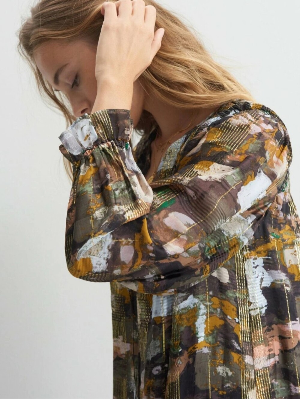Anthropologie Blair Shimmer Maxi Dress L Gold Metallic Abstract Print Lined - Picture 7 of 14
